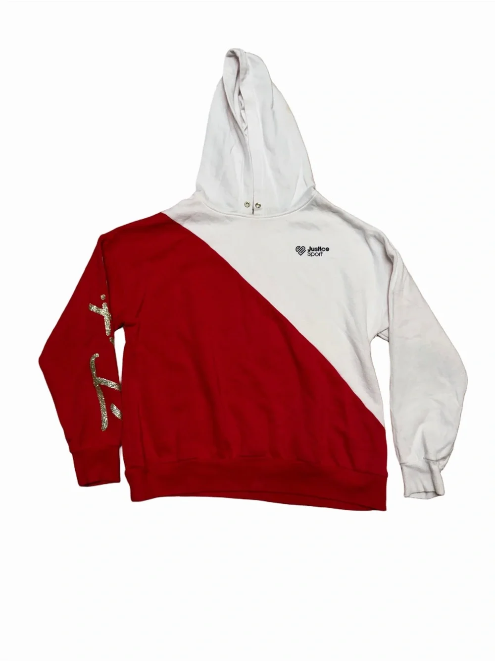 Justice Sport Girls XL 16/18 Red White Colorblock Pullover Hoodie Sparkle Logo